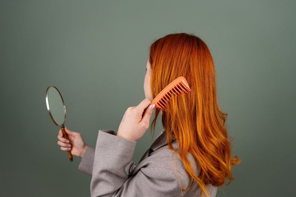 Red-haired woman combing her hair while holding a mirror